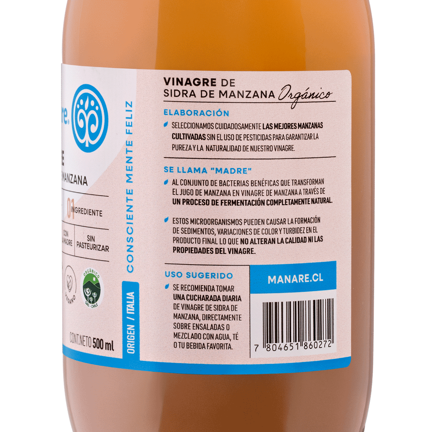 Vinagre de Sidra de Manzana Orgánico 500ml Sin Gluten - Manare