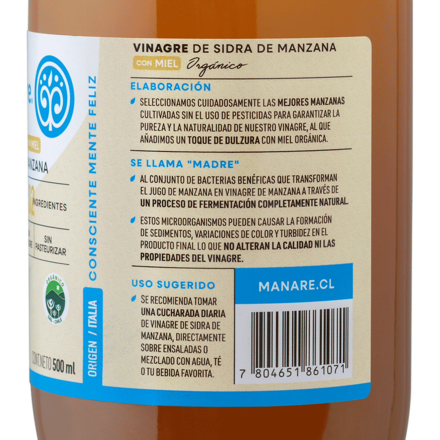 Vinagre de Sidra de Manzana con Miel Orgánico 500ml - Manare