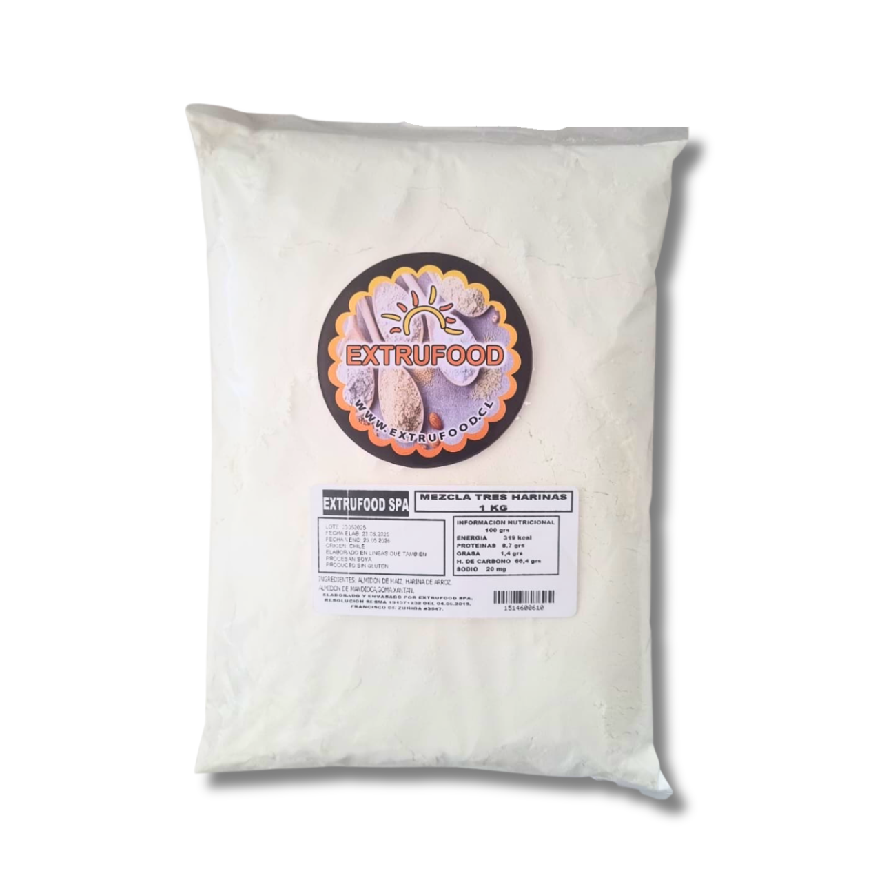 Mezcla Tres Harinas 1kg – Sin Gluten – (Almidón de Maíz-Mandioca-Harina de Arroz) – Extrufood