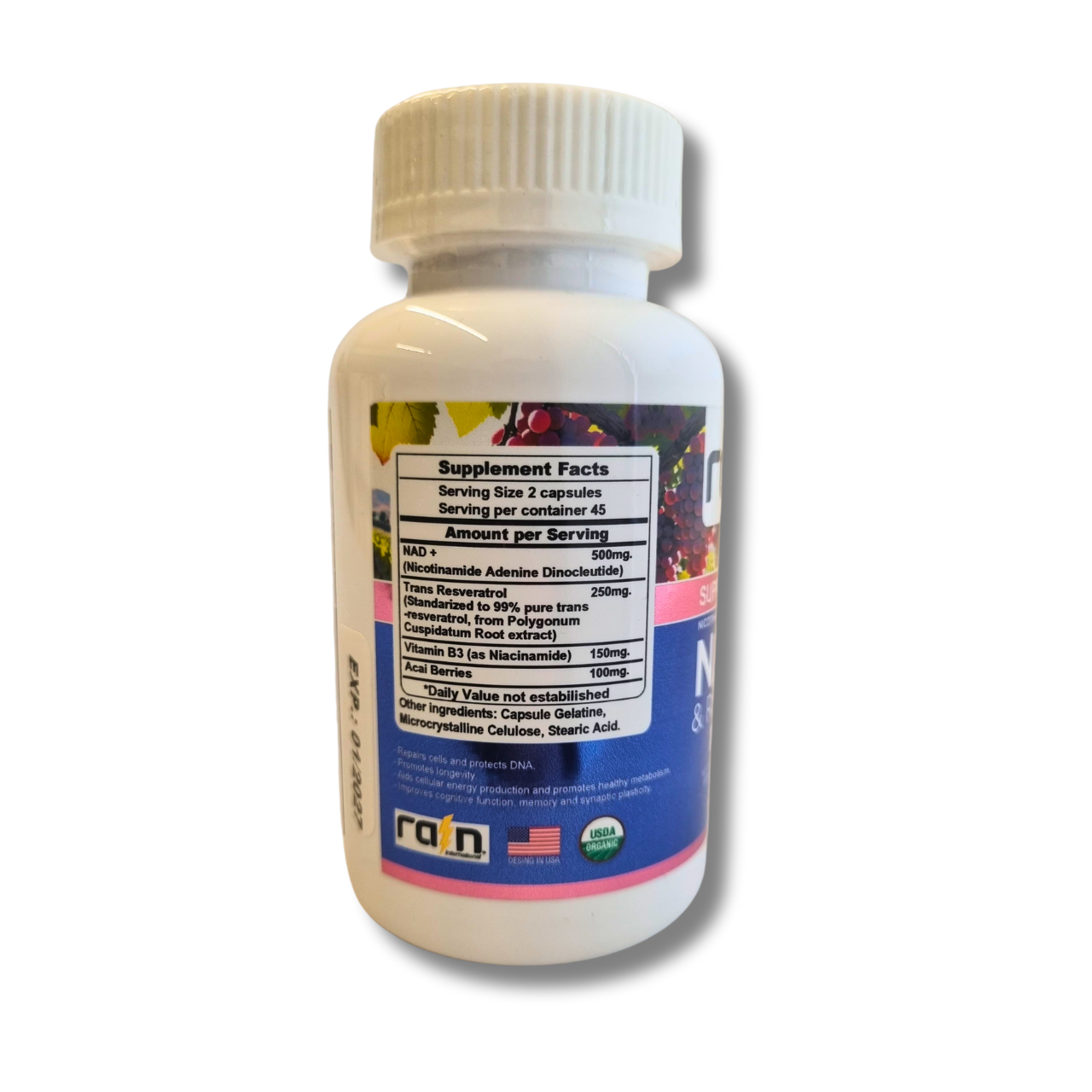 NAD+ 500mg + Trans Resveratrol 250mg + Vitamina B3 15mg + Acai Berries 100mg 90 Cápsulas Vegetales (1,5 meses) - Rain