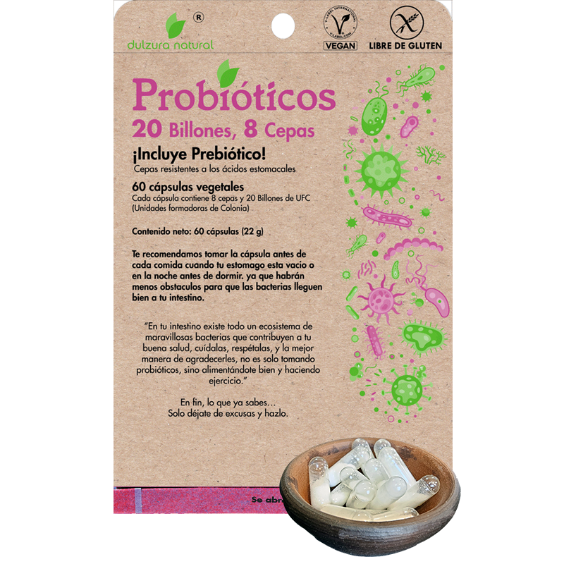 Probióticos 20 Billones – 8 Cepas + Prebiótico | 60 Cápsulas Vegetales (2 Meses) – Dulzura Natural