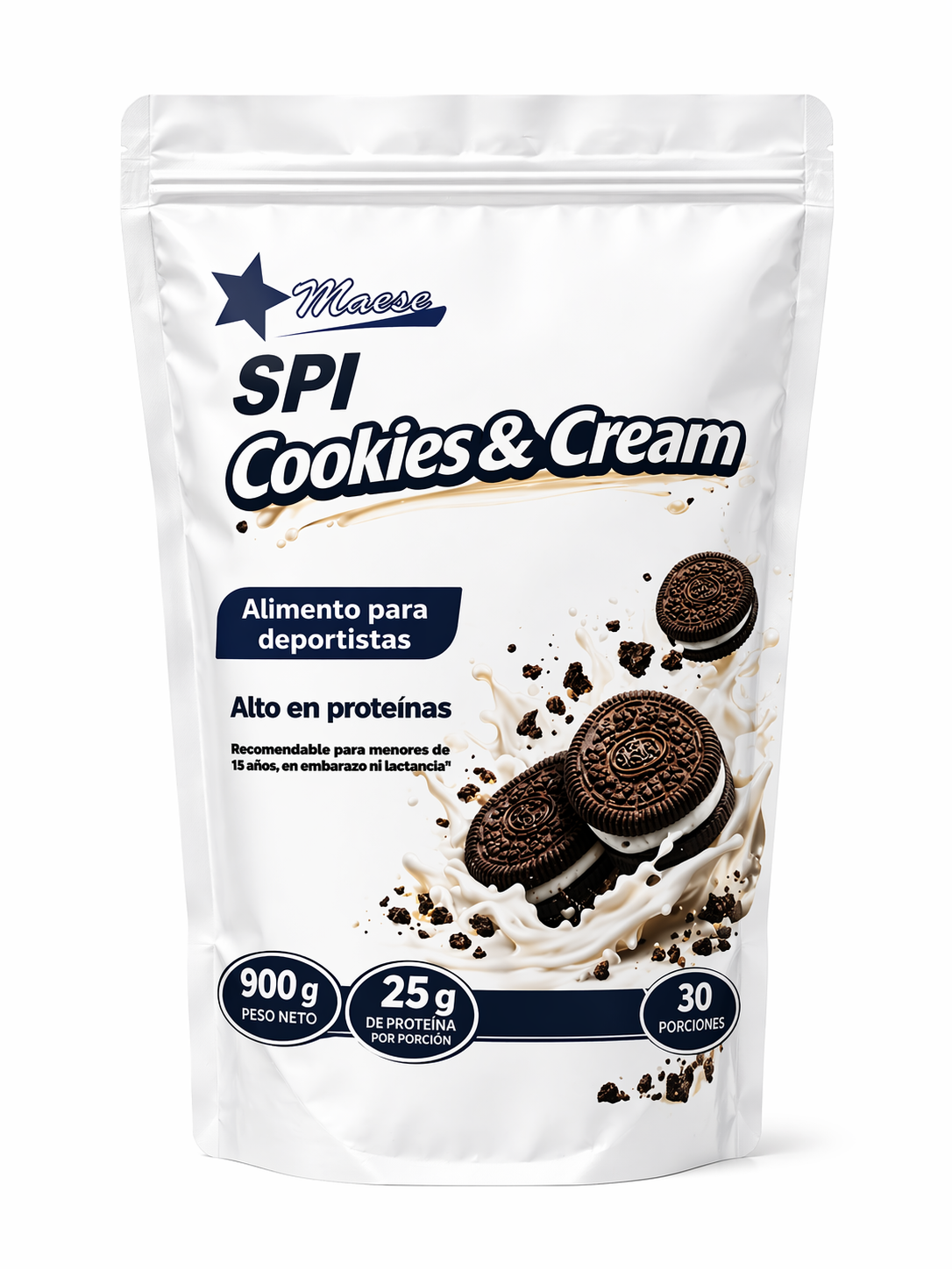 Proteína Aislada de Soya SPI Cookies & Cream 900g – 25g de Proteína (30 porciones) – Maese
