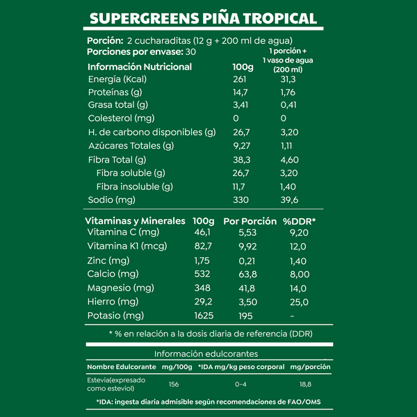 Batido SuperGreens Piña Tropical Sin Azúcar 360gr - Cáscara Foods-Vitaminas-Mercado Silvestre