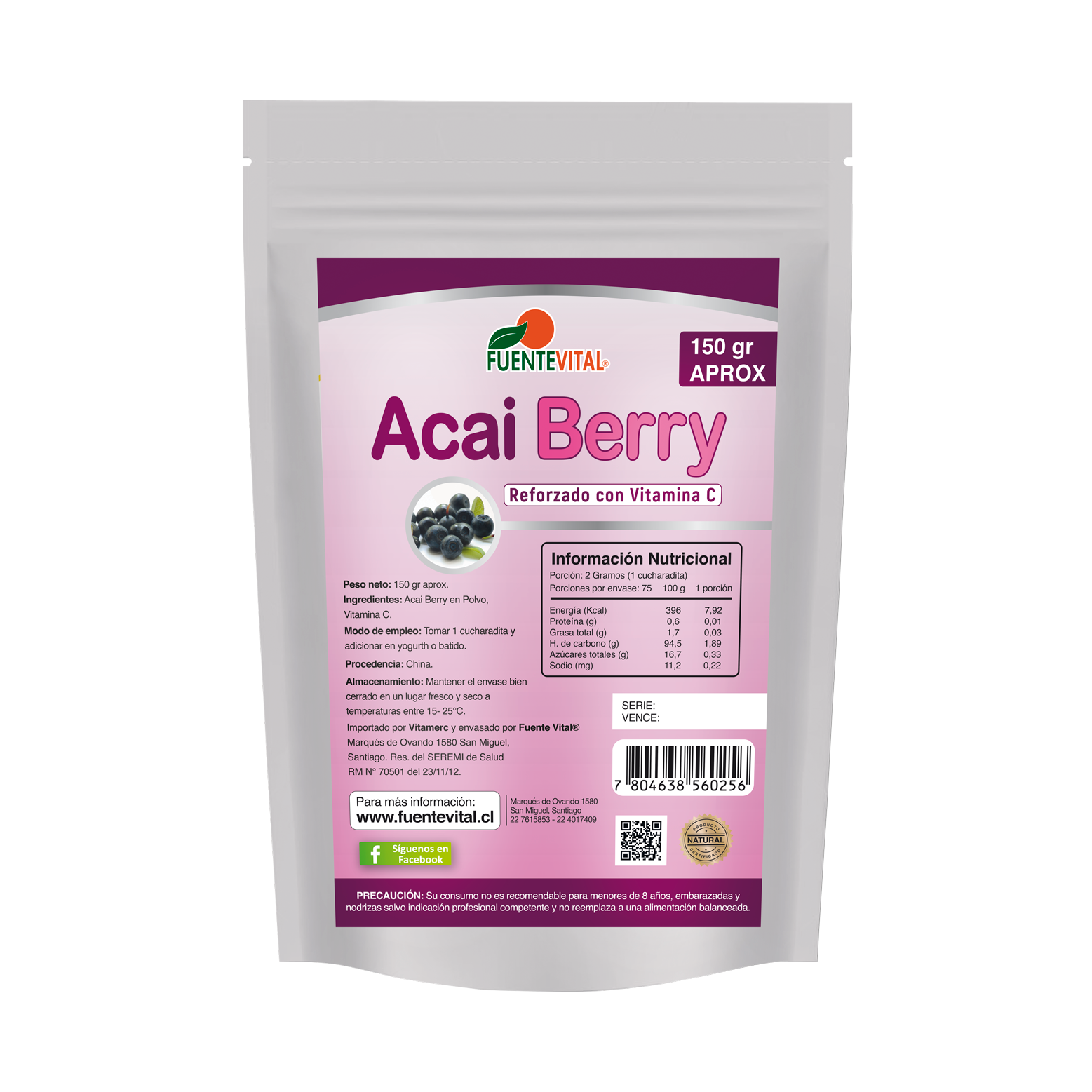 Acai Berry (Reforzado con Vitamina C) en Polvo 150gr - Fuente Vital-Especias y Condimentos-Mercado Silvestre
