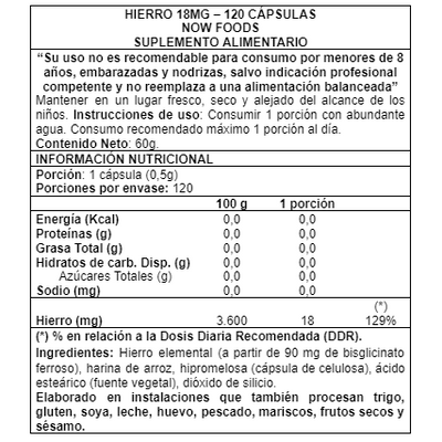 Iron (Hierro) 18mg 120 Cápsulas Vegetales (4 meses) - Now Foods-Vitaminas-Mercado Silvestre
