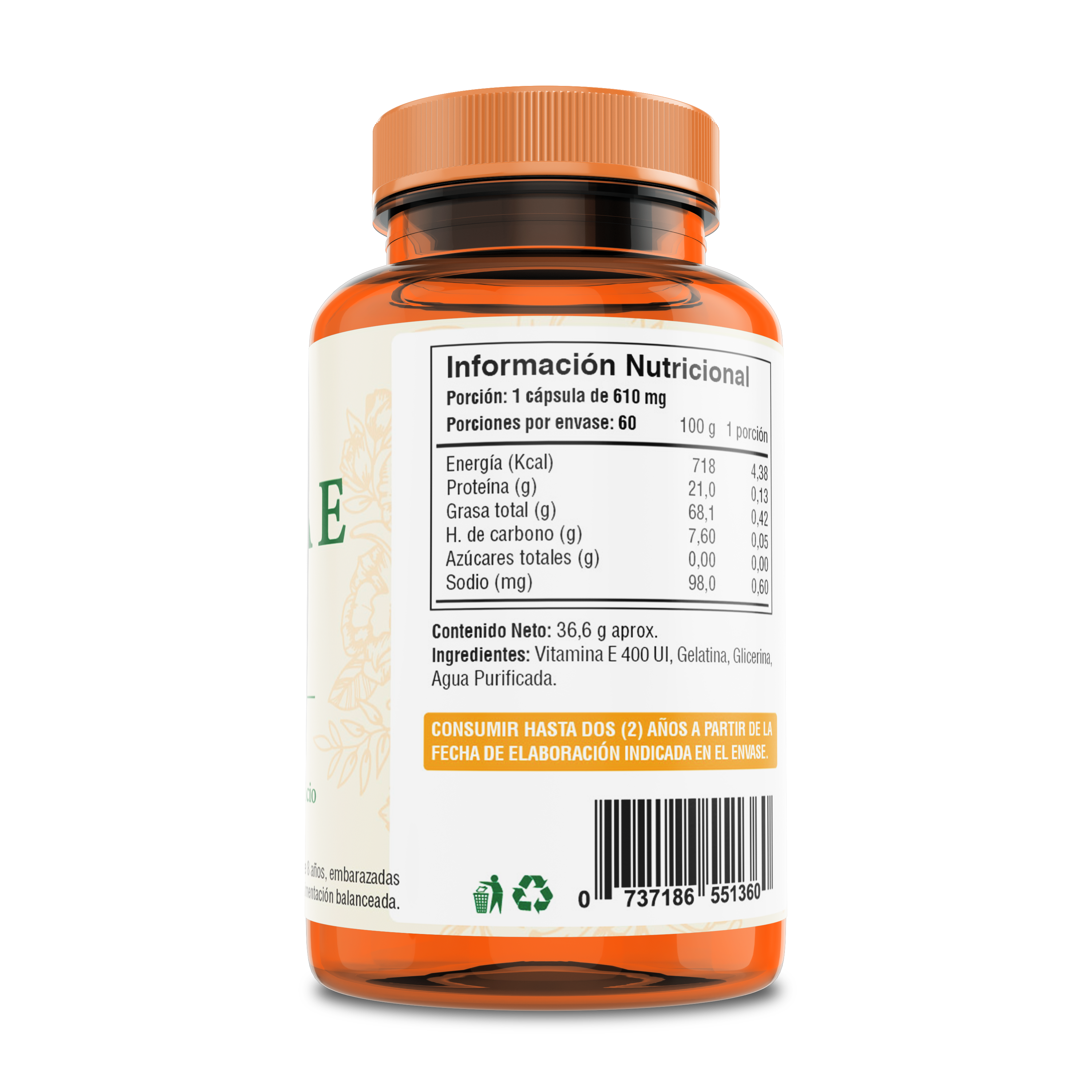 Vitamina E 400 UI - 60 Cápsulas Softgel (2 meses) - Fuente Vital