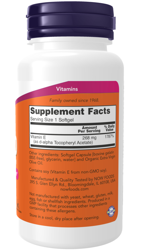 Vitamina E-400 UI D-Alpha Tocoferol 100 Softgels (100 porciones) - Now Foods