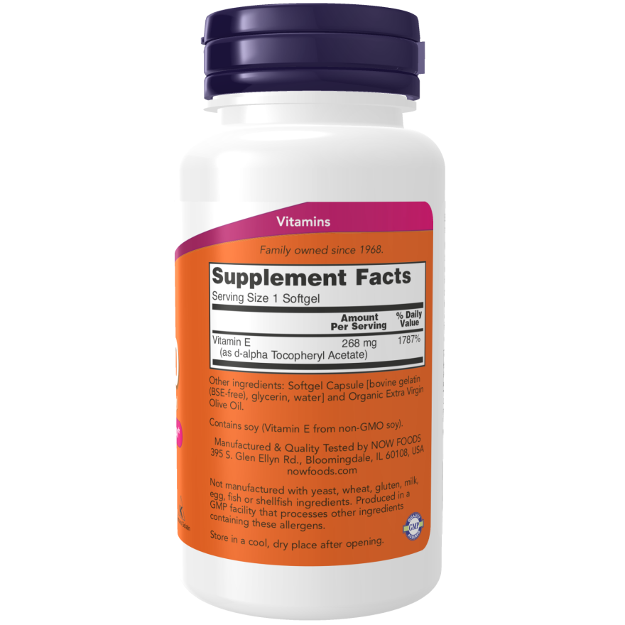 Vitamina E-400 UI D-Alpha Tocoferol 100 Softgels (100 porciones) - Now Foods