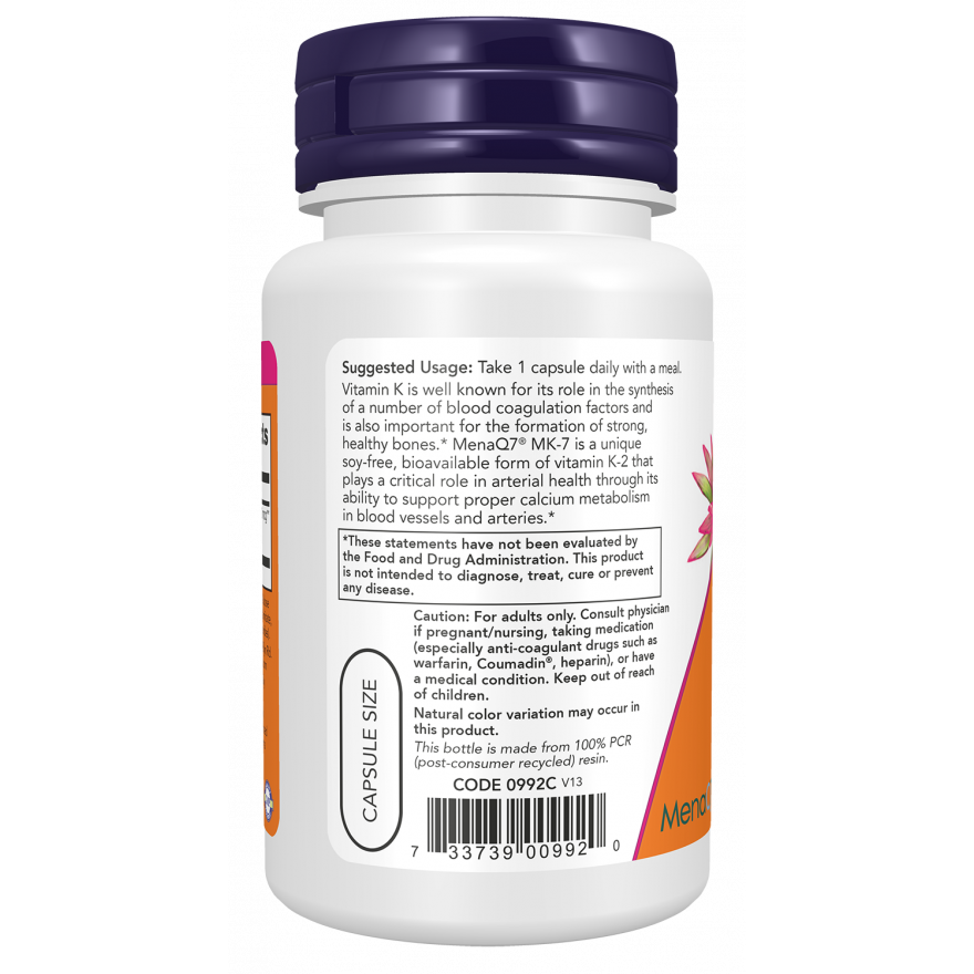 MK-7 Vitamina K2 100mcg 60 Cápsulas Vegetales (2 meses) - Now Foods