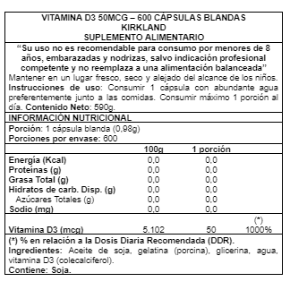 Vitamina D3 2000 UI 600 Cápsulas Softgel (18 meses) - Kirkland