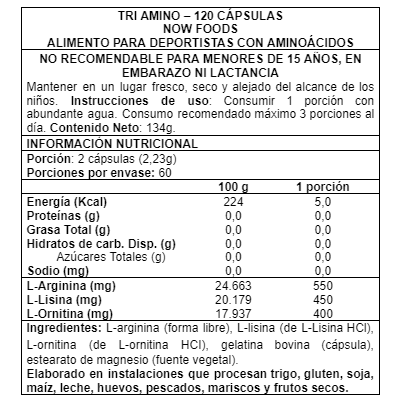 Tri-Amino (L-Arginina, L-Ornitina y L-Lisina) 120 Cápsulas (2 meses) - Now Foods