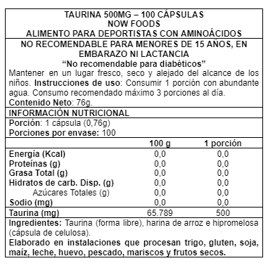 Taurina 500mg 100 Cápsulas Vegetales - Now Foods