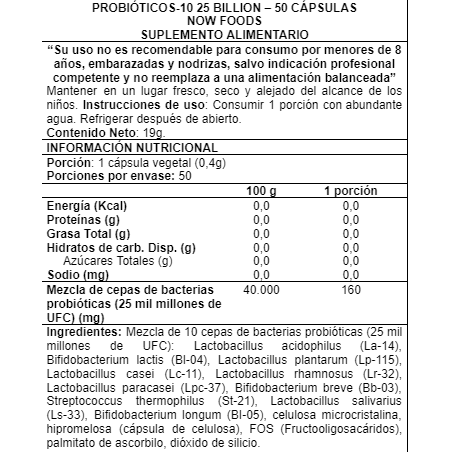 Probiotic-10, 25 Billones, 50 Cápsulas Veg - Now Foods