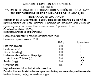 Creatine Monohydrate 1kg - 200 porciones (6,6 meses) - Nutrex