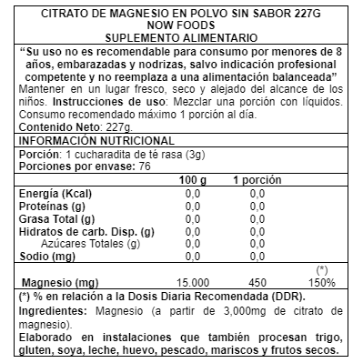 Magnesio Citrato Puro en Polvo 227gr (76 porciones)  - Now Foods