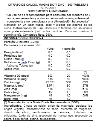 Calcio, Magnesio Citrato, Zinc y Vitamina D3 500 Tabletas (8,3 meses) - Kirkland