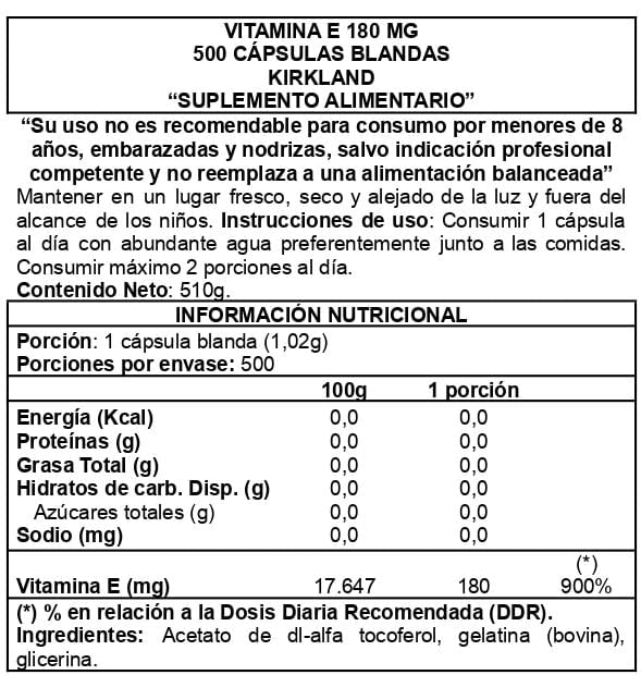 Vitamina E - 180mg - 400 UI - dl-Alpha Tocoferol 500 Softgels (8,3 meses) - Kirkland