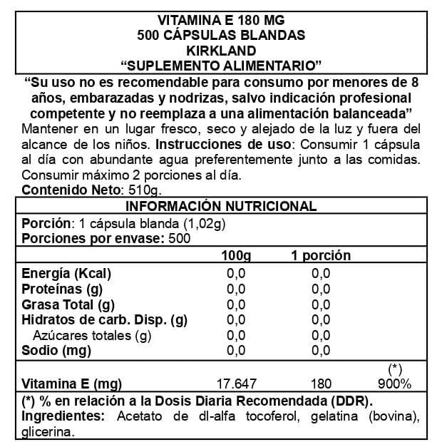 Vitamina E - 180mg - 400 UI - dl-Alpha Tocoferol 500 Softgels (8,3 meses) - Kirkland