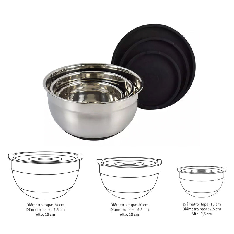 Set 3 Bowls con Tapa Acero Inoxidable Antideslizante - Simplit