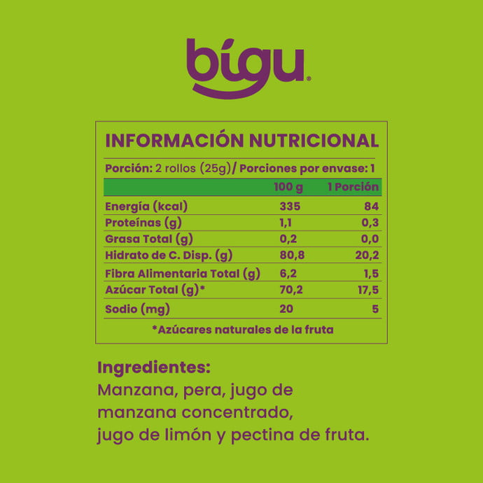 Caja de 5 Rollos de Manzana 100% Fruta 25gr c/u - Bigu-Frutos Deshidratados-Mercado Silvestre