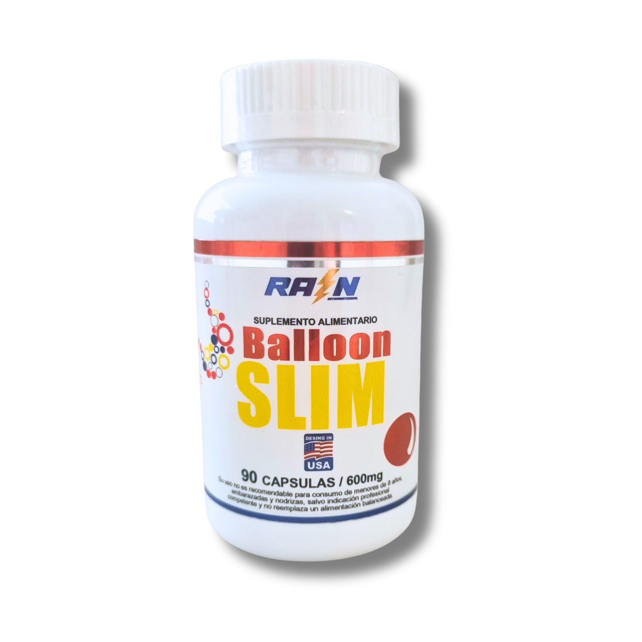 Balloon Slim 600mg - Control del Apetito - Glucomanano, L-Theanina, Spirulina, Cromo, Cochayuyo y Kelp - 90 Cápsulas (1 mes) - Rain