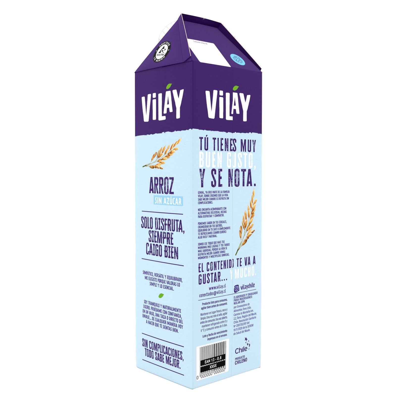 Bebida Vegetal de Arroz Sin Azúcar 1 LT - Con Vitaminas A, D, E y B12 - Sin Gluten - Vilay