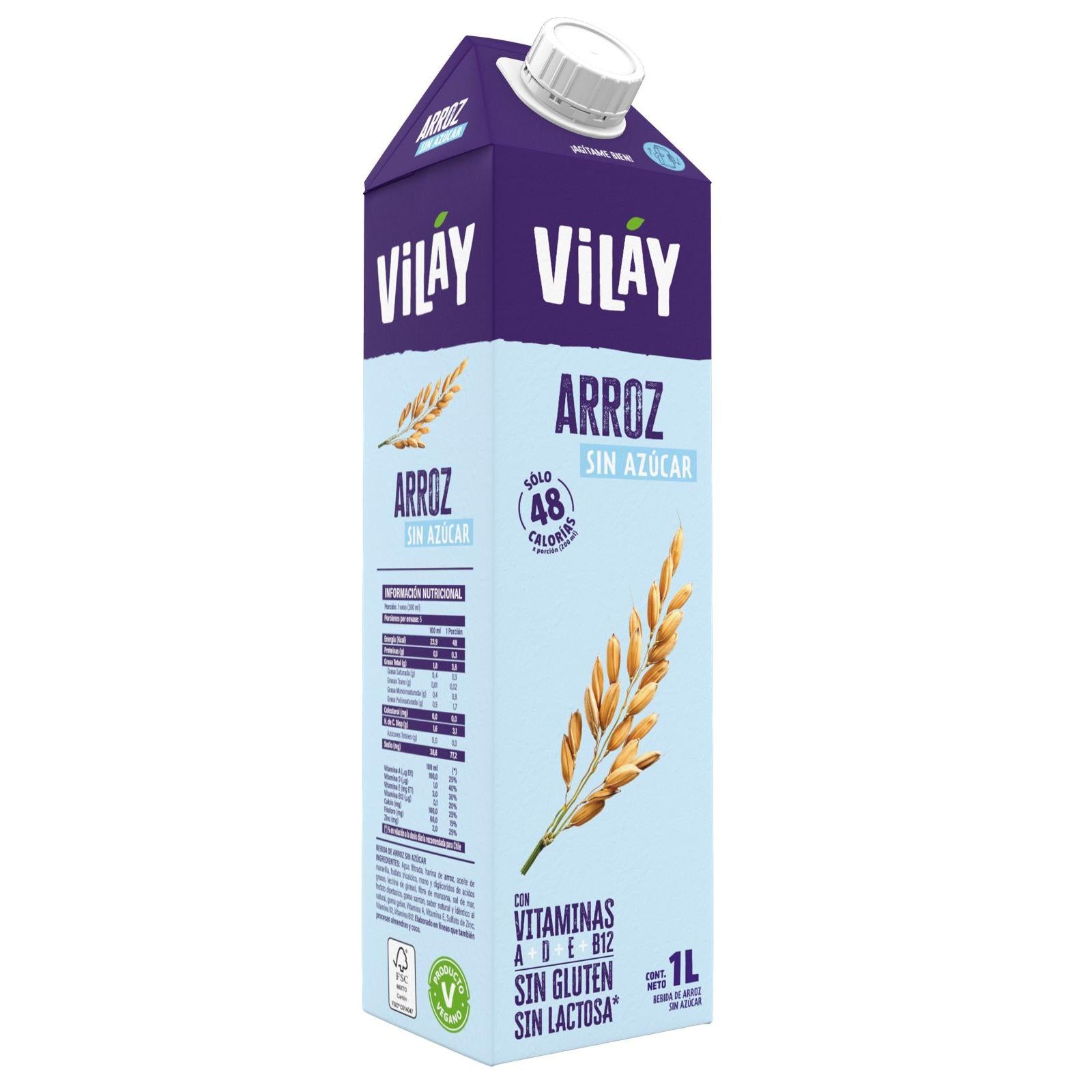 Bebida Vegetal de Arroz Sin Azúcar 1 LT - Con Vitaminas A, D, E y B12 - Sin Gluten - Vilay