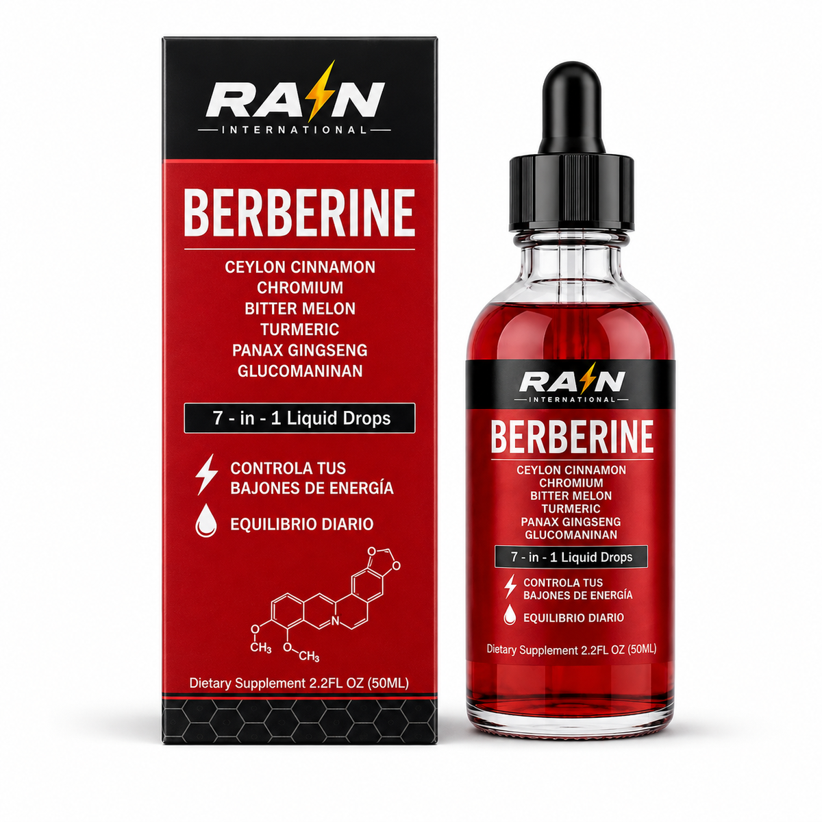 Berberina en Gotas 50ml - 7 en 1 – Canela de Ceilán, Cromo, Cúrcuma y Ginseng – Rain