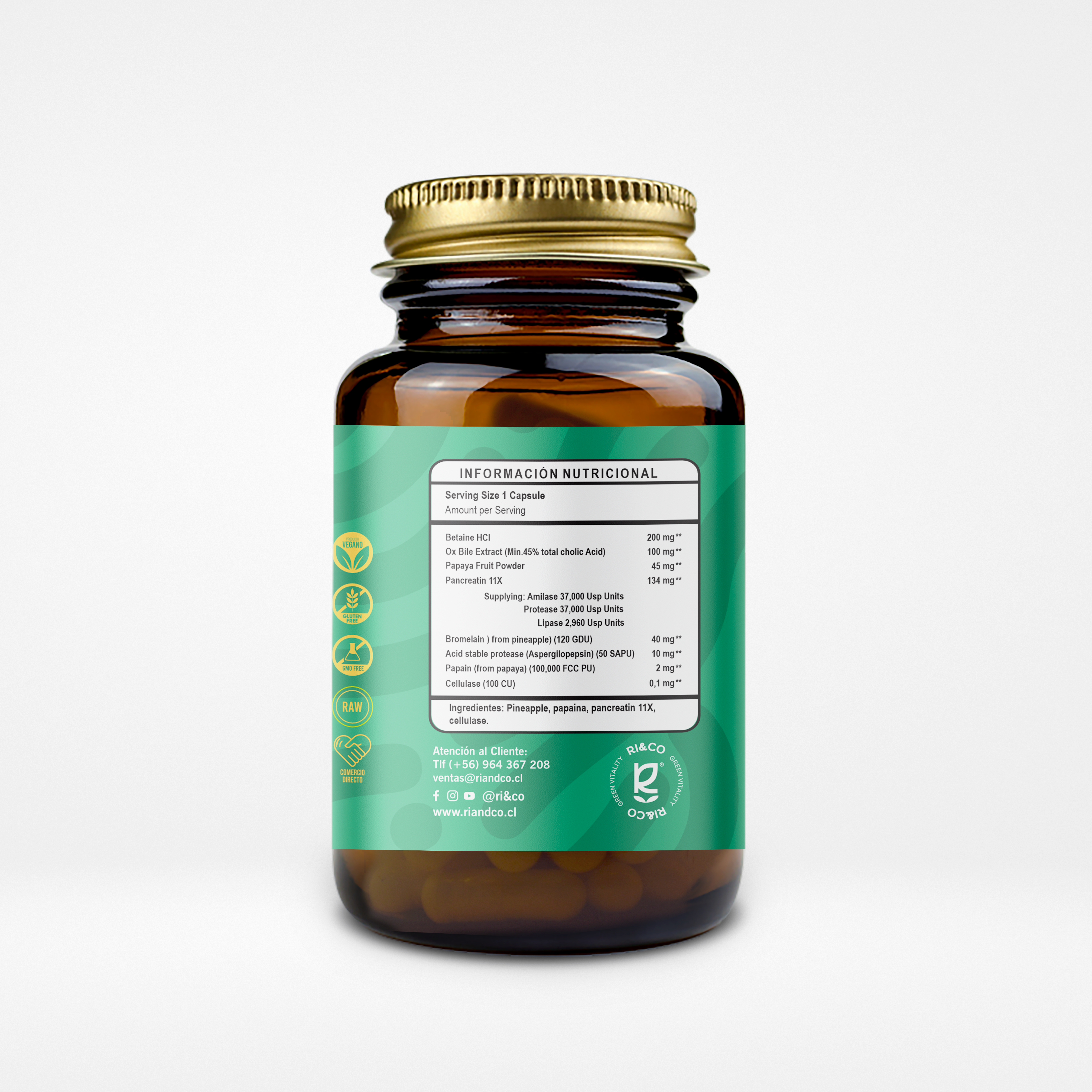 Enzimas Digestivas (Betaína HCl, Papaína, Bromelina y Pancreatina) 500mg – 60 Cápsulas Vegetales (1 mes) – RI&CO