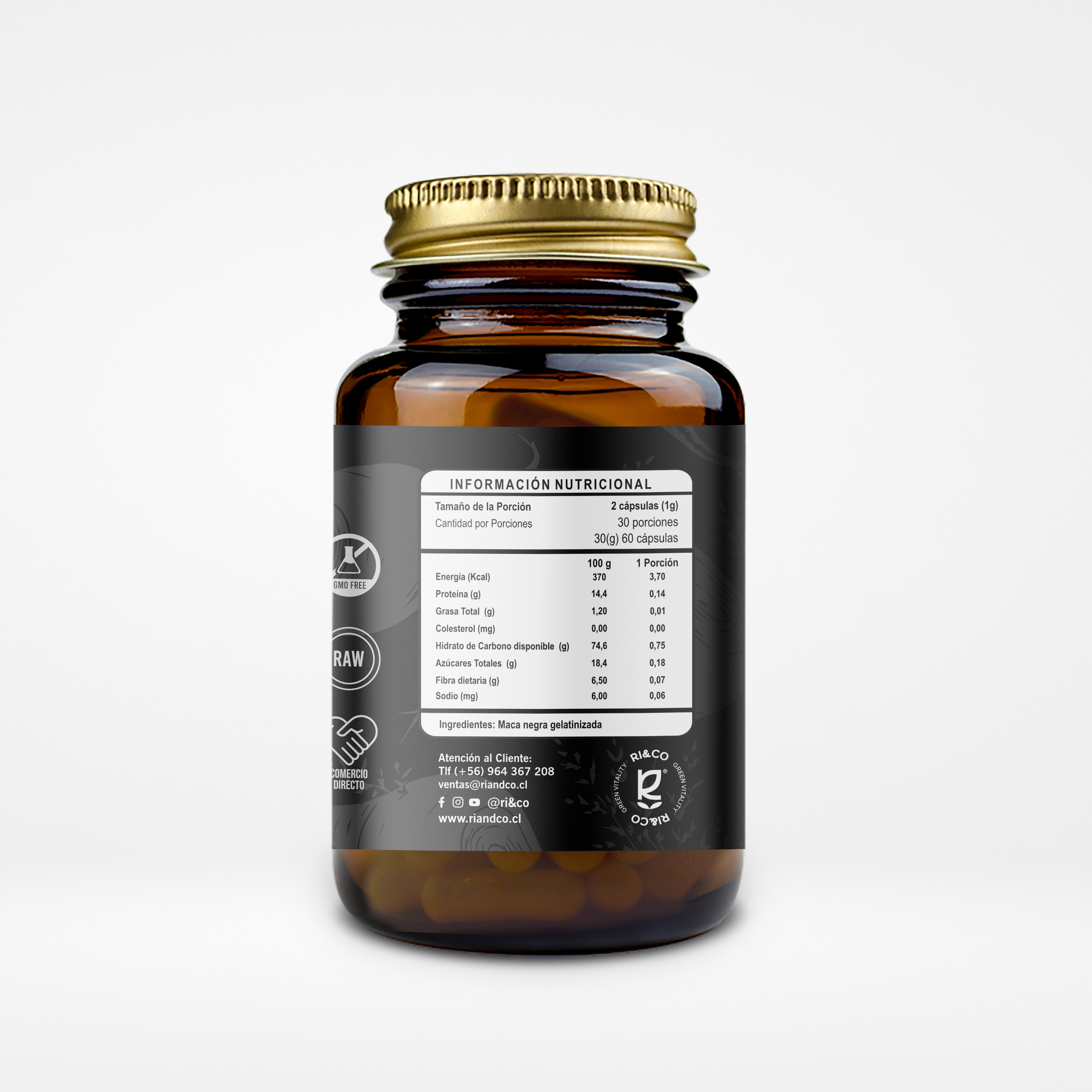 Maca Negra Gelatinizada Premium 500mg 60 Cápsulas Vegetales (1 mes) - RI&CO