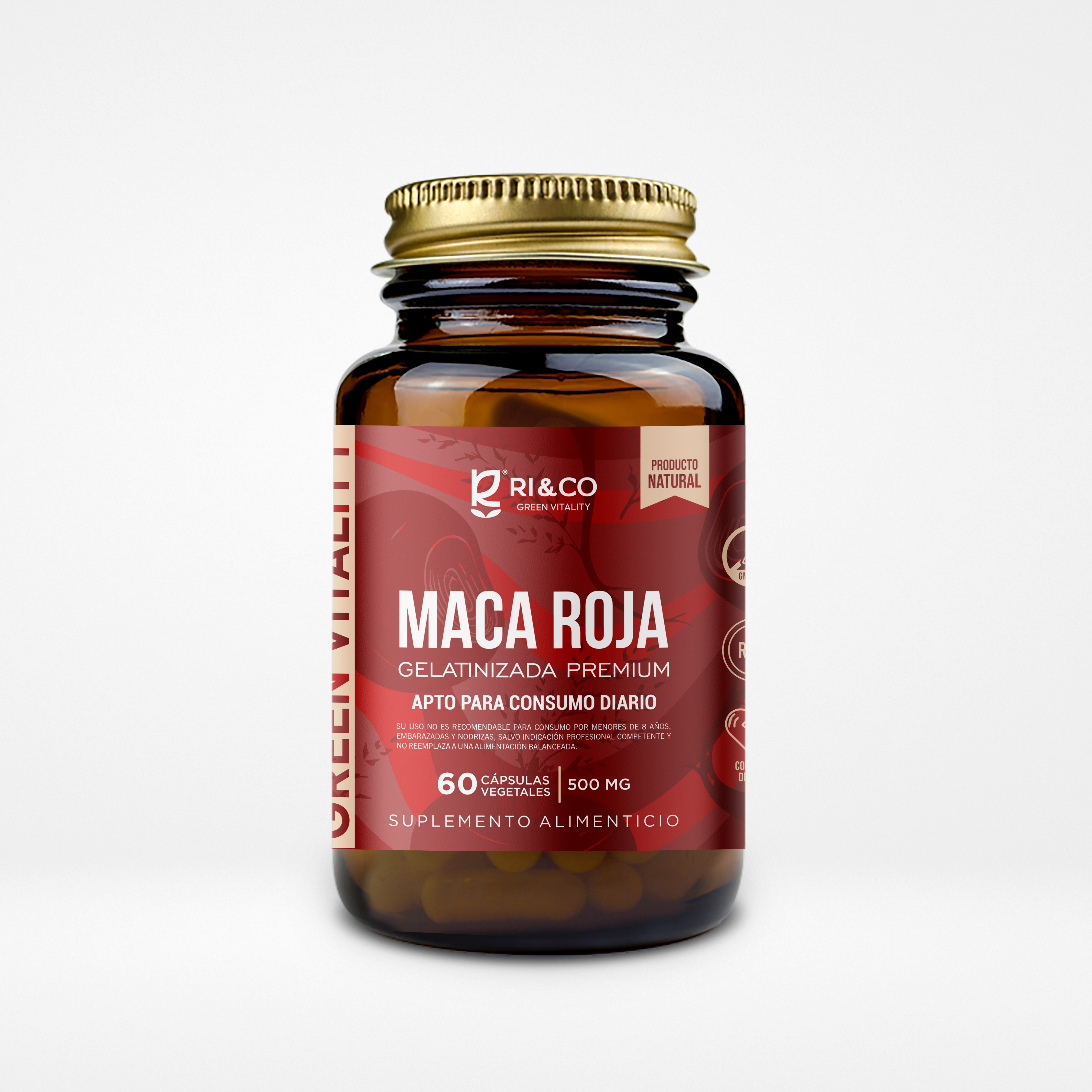 Maca Roja Gelatinizada Premium 500mg 60 Cápsulas Vegetales (1 mes) - RI&CO