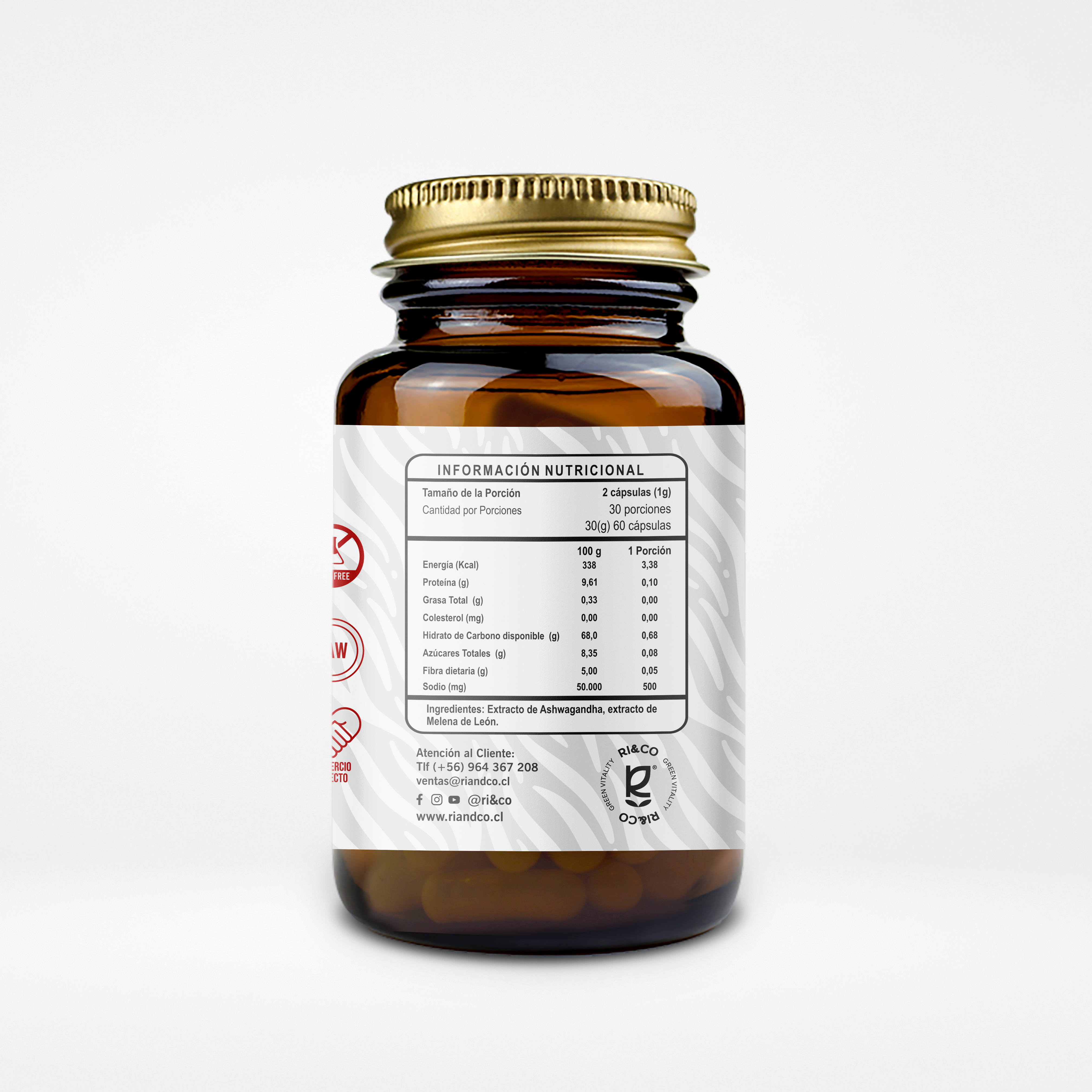 Melena de León + Ashwagandha Fórmula Combinada 500mg 60 Cápsulas Vegetales (1 mes) - RI&CO