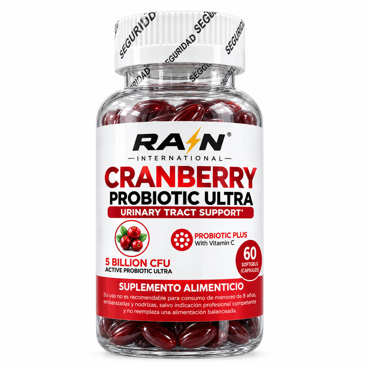 Cranberry Probiotic Ultra 60 Cápsulas Blandas (1 mes) – 4 Cepas de Lactobacilos y Vitamina C – Rain