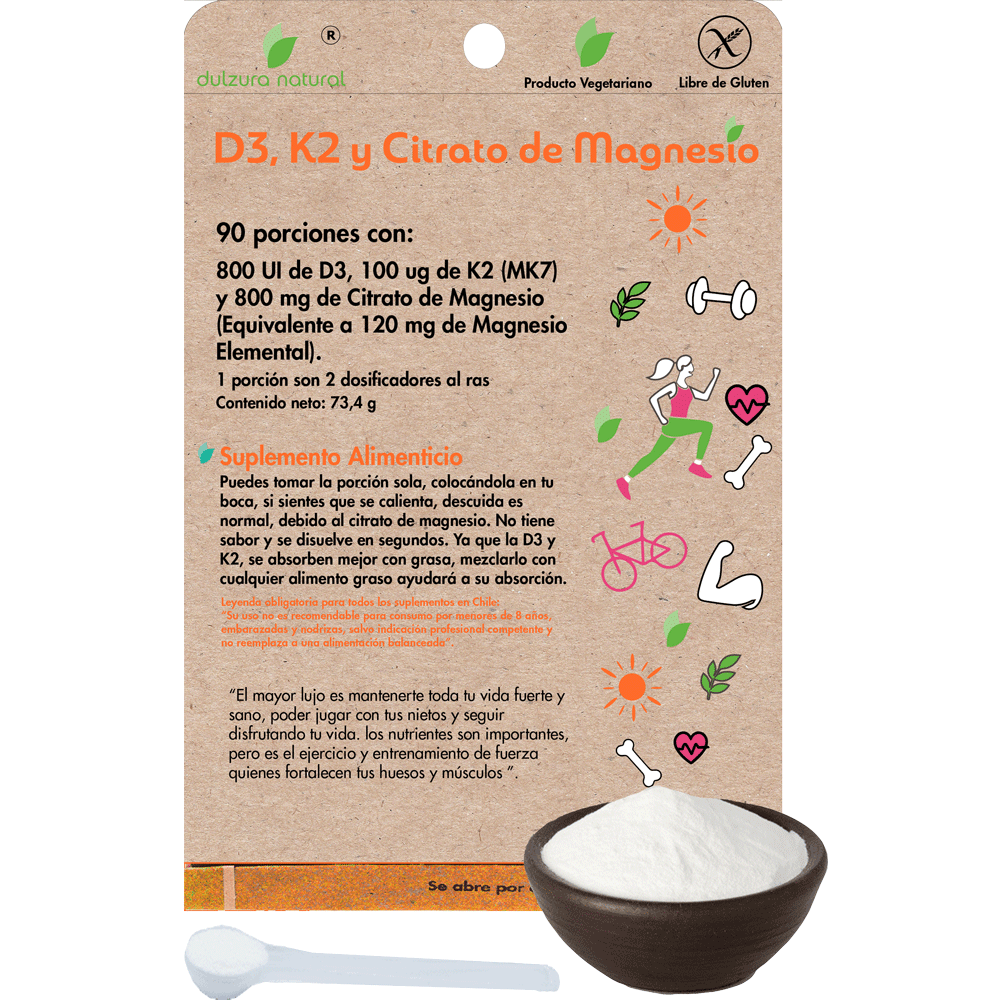 Vitamina D3 800 UI + K2 MK7 100ug + Citrato de Magnesio 800mg – 90 Porciones – Dulzura Natural