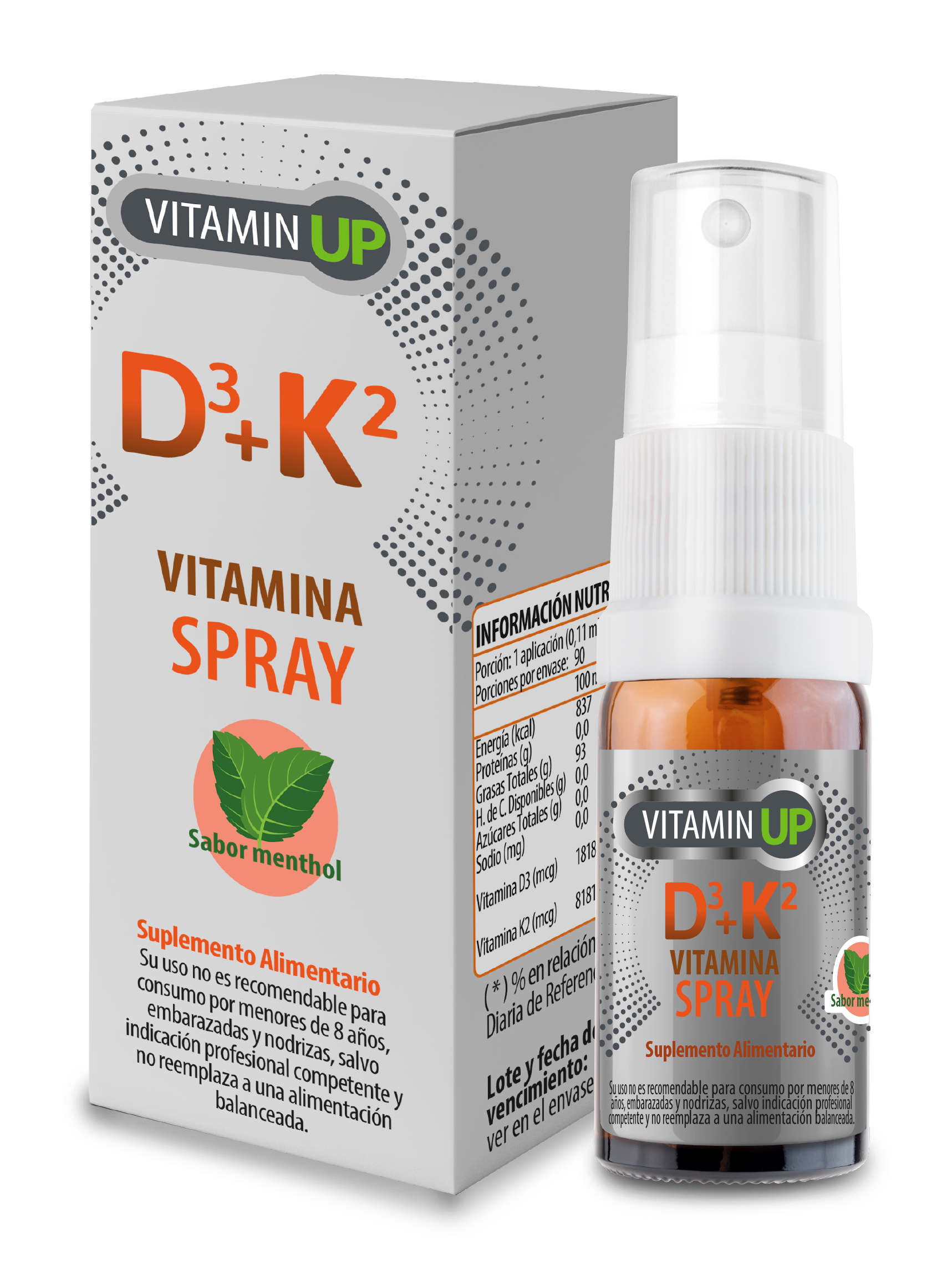 Vitamin UP Vitaminas D3 20mcg + K2 90mcg Spray Menthol 10ml - 90 Porciones (3 meses) - Newscience