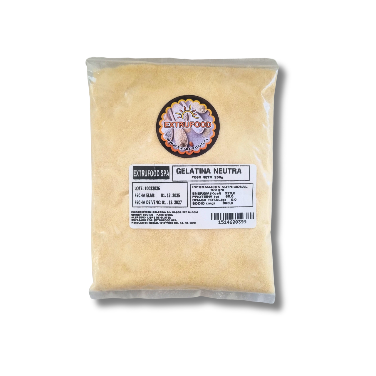 Gelatina Neutra Sin Sabor 220 Bloom 250gr – Sin Gluten - Extrufood