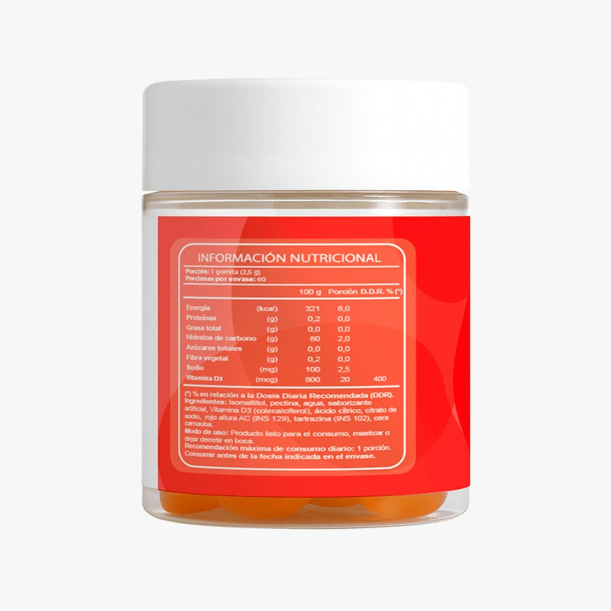 Vitamina D3 800 UI - 60 Gomitas Sin Azúcar Sabor Naranja (2 Meses) - FNL