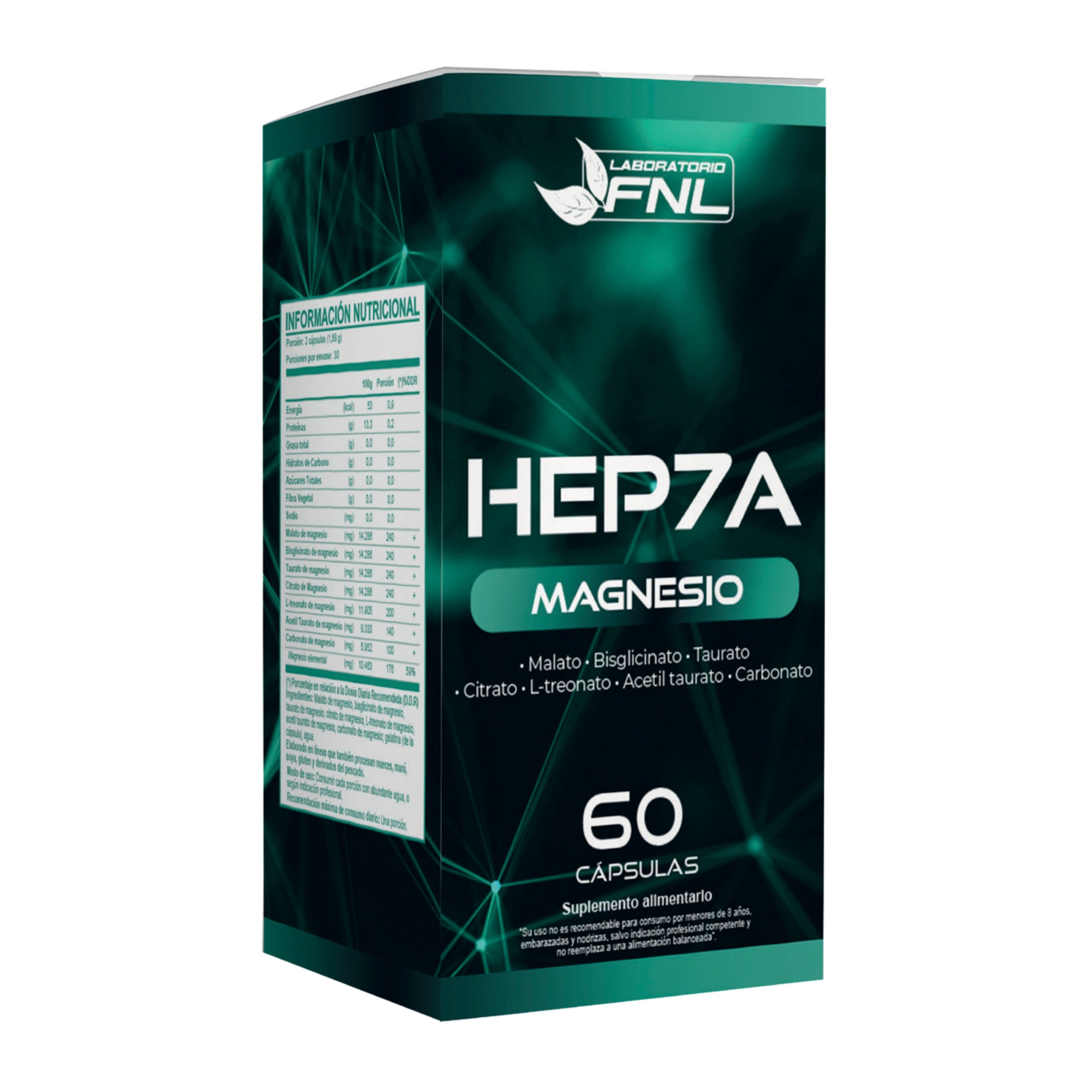 Hep7a Magnesio (Malato, Bisglicinato, Taurato, Citrato, L-Treonato, Acetil Taurato, Carbonato) – 60 Cápsulas (1 mes) – FNL