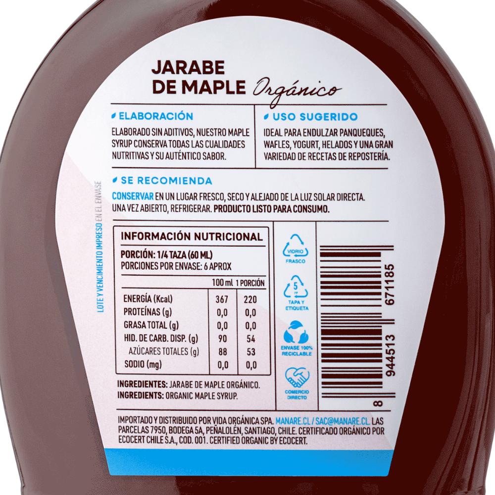 Jarabe de Maple Orgánico 375ml - Sin Gluten - Manare