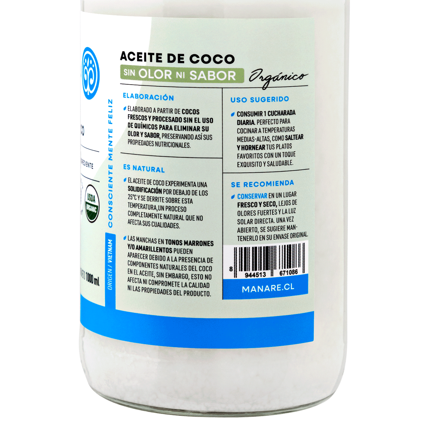 Aceite de Coco Orgánico Sin Olor Ni Sabor 1 LT Sin Gluten - Manare