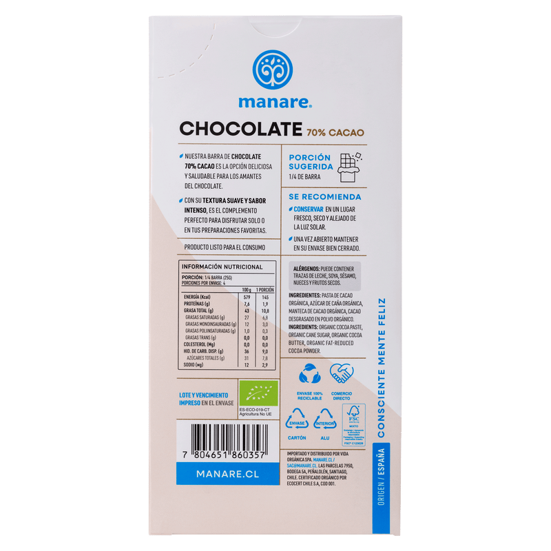 Chocolate Orgánico 70% Cacao 100gr - Manare