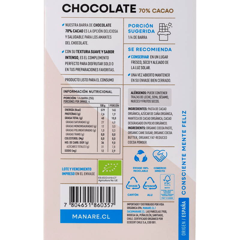 Chocolate Orgánico 70% Cacao 100gr - Manare