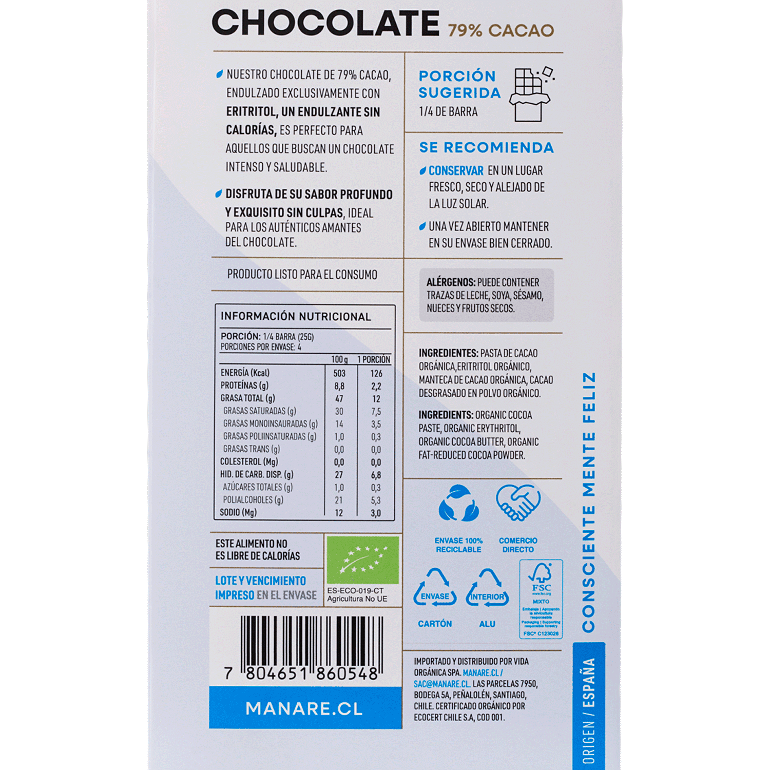Chocolate Sin Azúcar Orgánico 79% Cacao 100gr Sin Gluten - Manare