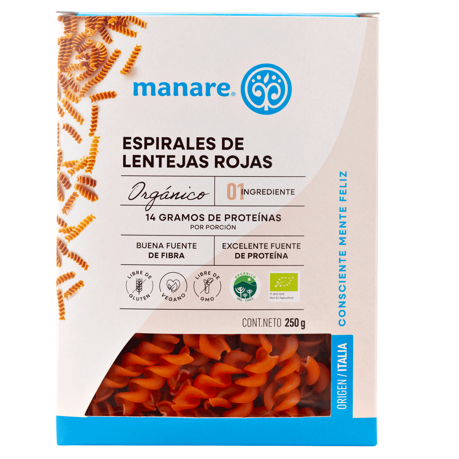 Espirales de Lentejas Rojas Orgánicas Sin Gluten 250gr - Manare