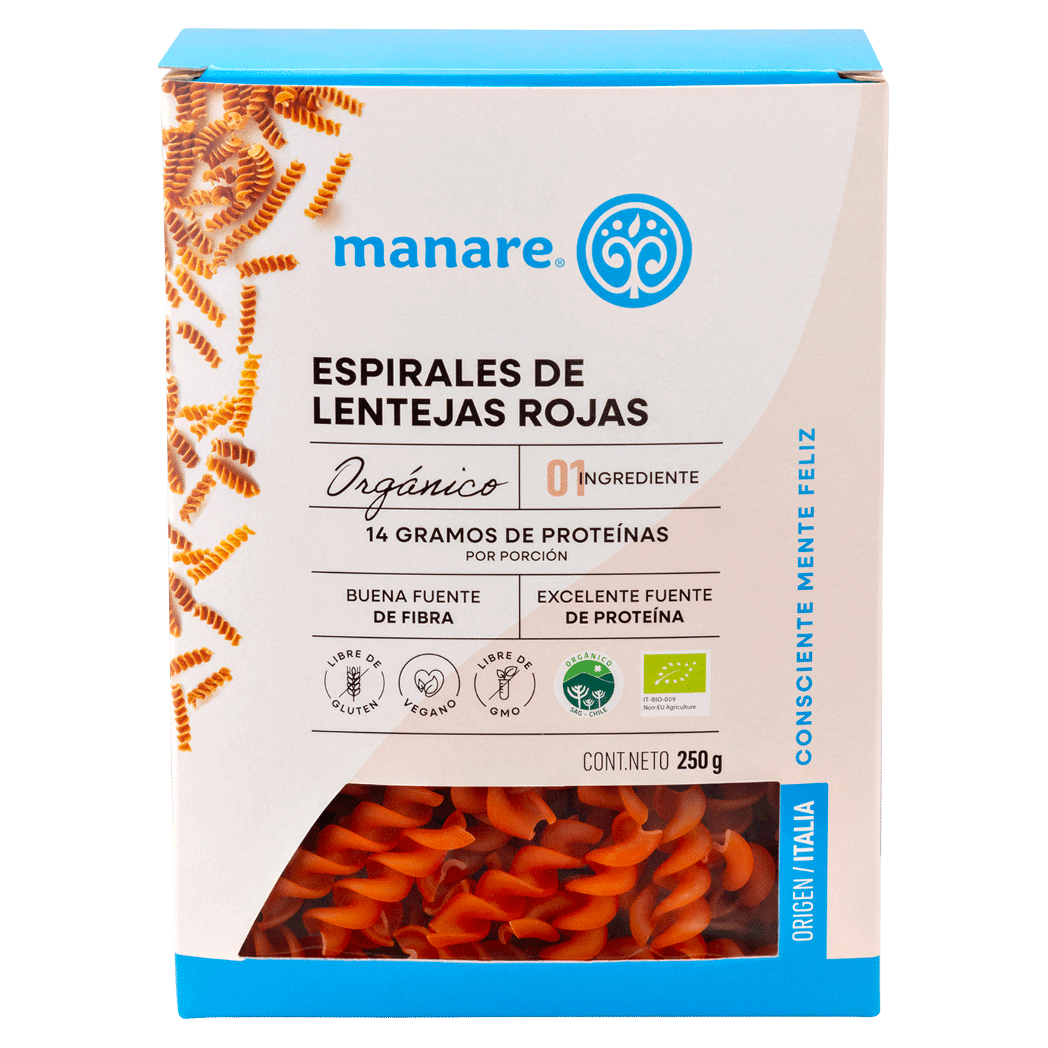 Espirales de Lentejas Rojas Orgánicas Sin Gluten 250gr - Manare