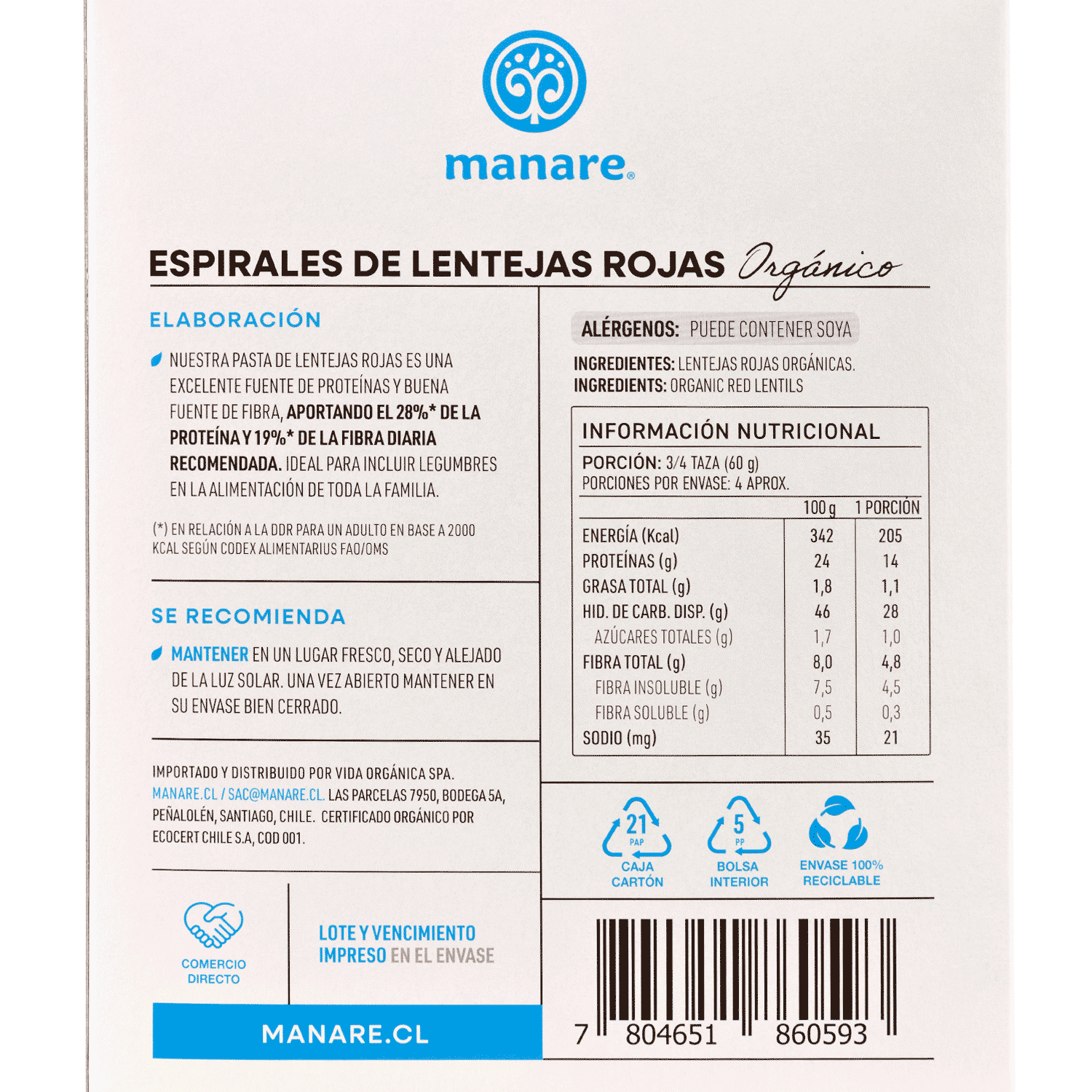 Espirales de Lentejas Rojas Orgánicas Sin Gluten 250gr - Manare