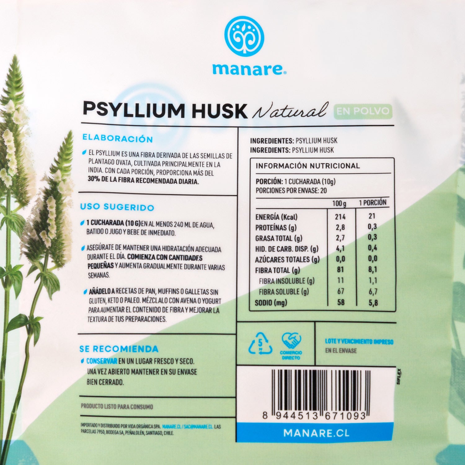 Psyllium Husk Natural en Polvo 200gr Sin Gluten - Manare