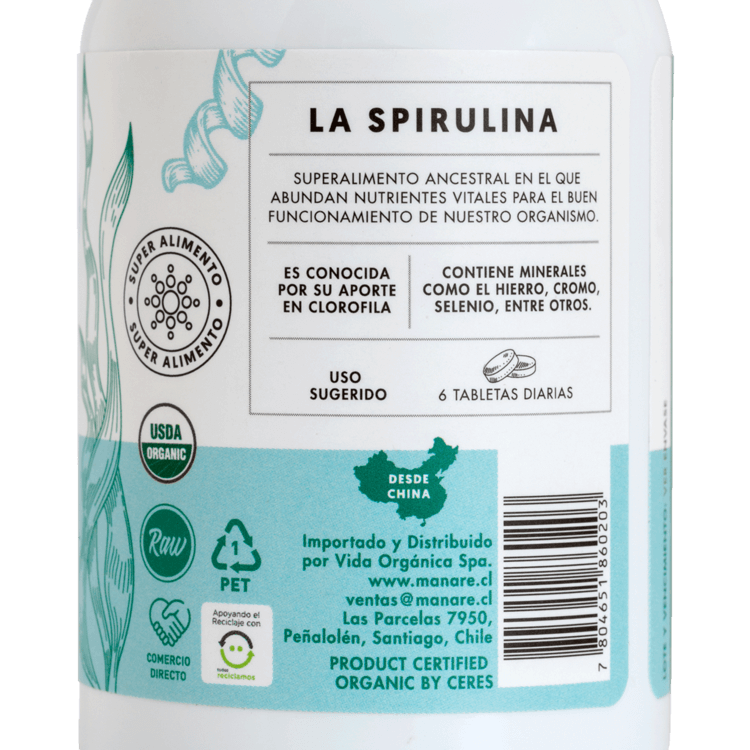 Spirulina Orgánica 180 tabletas - Manare-Superalimentos-Mercado Silvestre