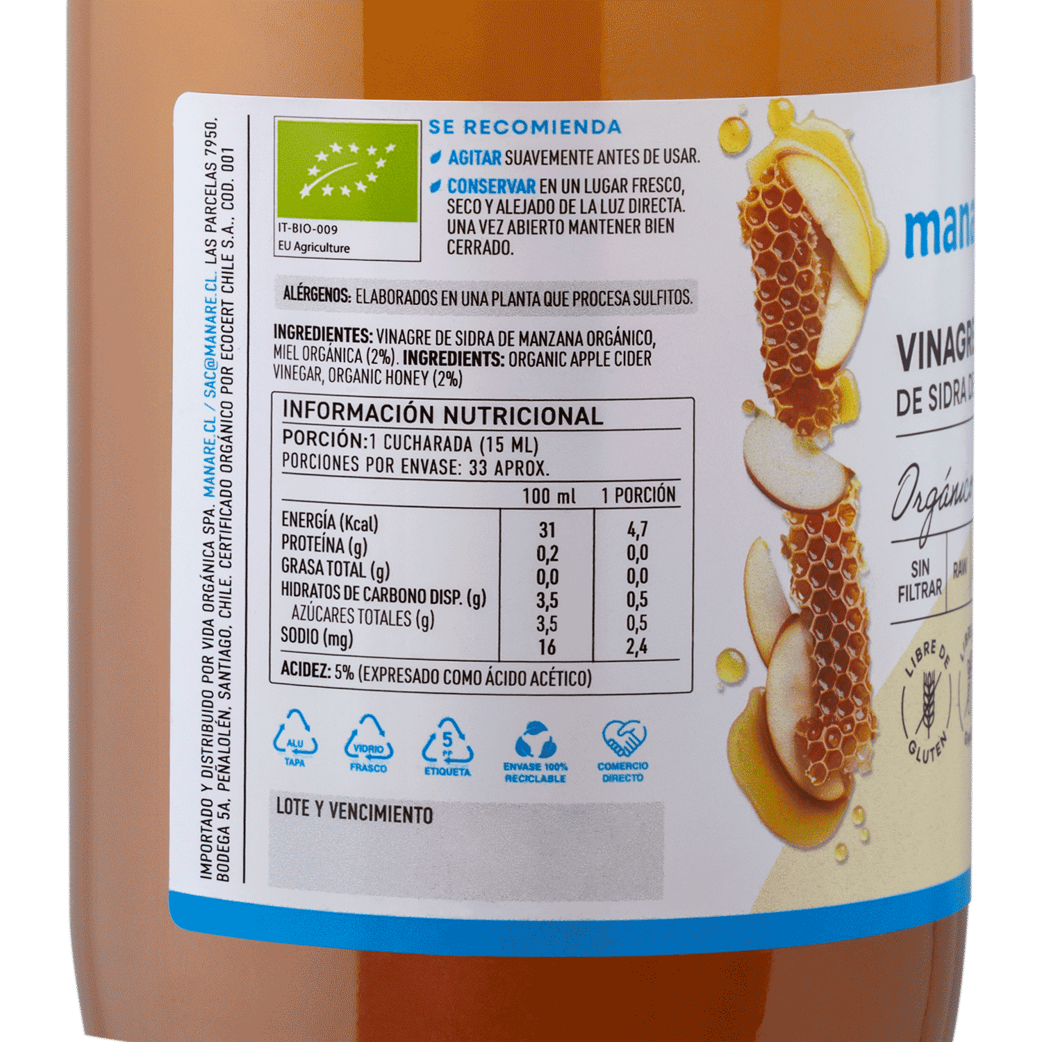 Vinagre de Sidra de Manzana con Miel Orgánico 500ml - Manare