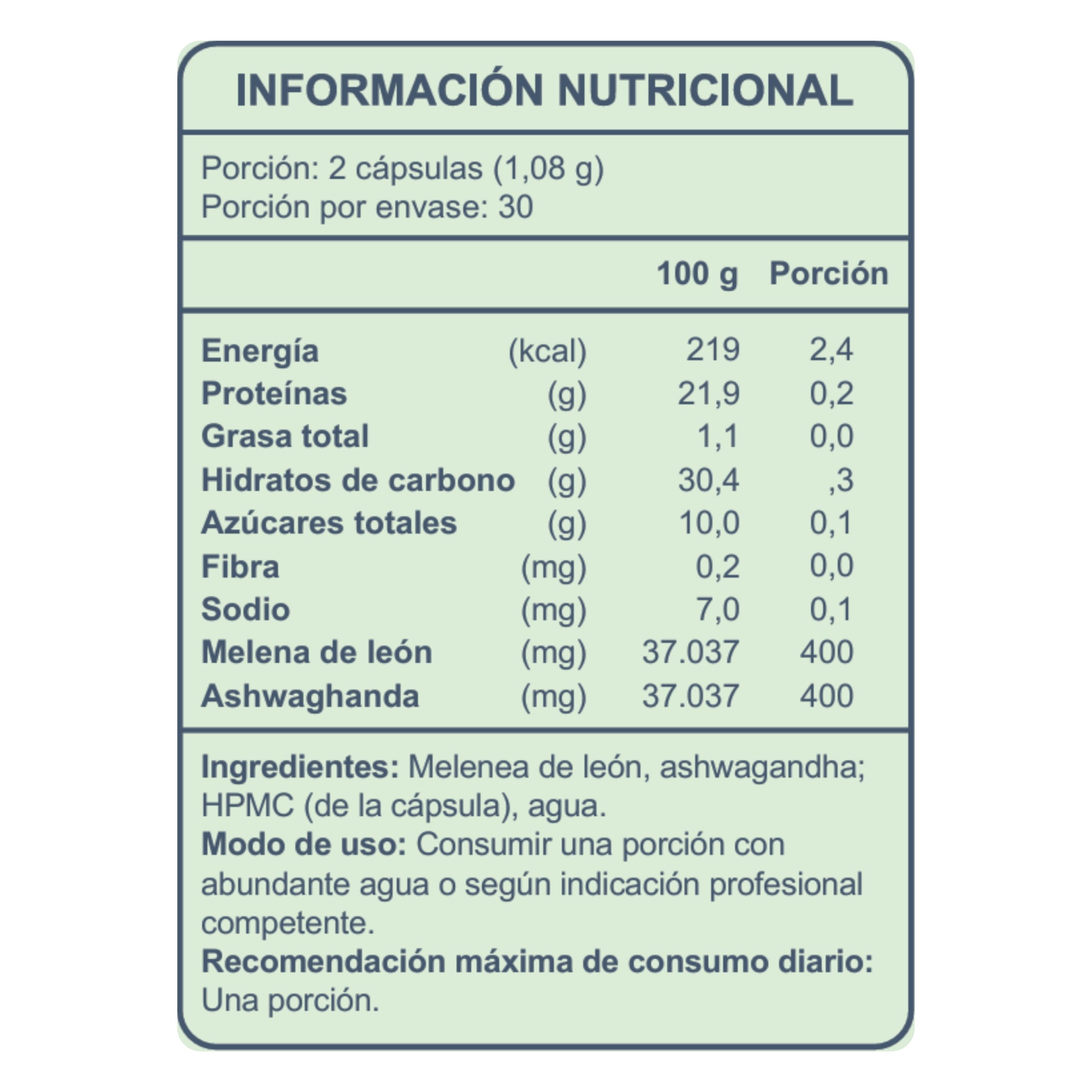 Melena + Ashw (Melena de León 400mg + Ashwagandha 400mg) - 60 Cápsulas Vegetales  (1 mes) - FNL